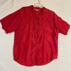 VTG Jonathan Martin Button Up Shirt Womens M Red Silk Short Sleeve Two Pocket